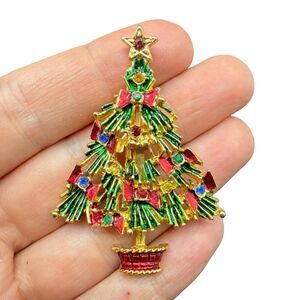 Vintage Jewelry Brooch Multicolored Rhinestone Christmas Tree Pin